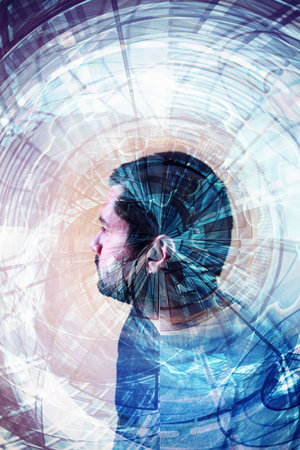 sci-fi double exposure man portrait and future abstract elementsの写真素材