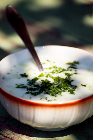 cold bulgarian yoghurt soup with parsley close-up food background  の写真素材