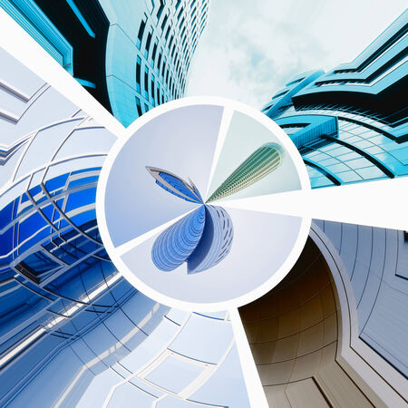contemporary collage of diferent blue colored glass architectural details in stereographic style   