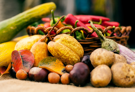 Details from organic autumn fruit and vegetables  in basketの写真素材