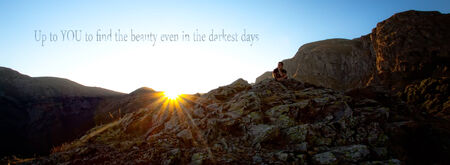 unknown inspirational quote background, mountain sunset and man stand on clift, motivational text aboveの写真素材