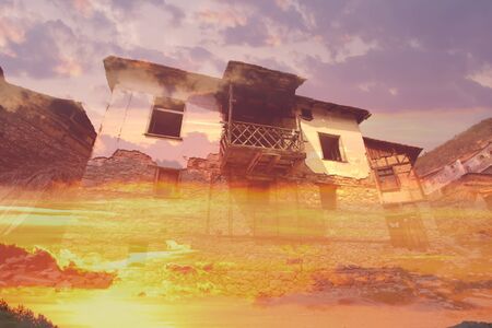 abstract mystical double exposured abandoned villageの写真素材