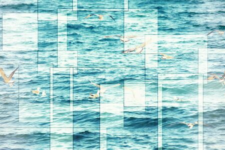 abstract sea geometric background with many seaguls and water waves, filter coloredの写真素材