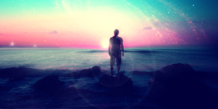 Follow your dreams, silhouette of man and many stars, rising sun on the beach, alien landscape- elements of this image are furnished by NASAの写真素材