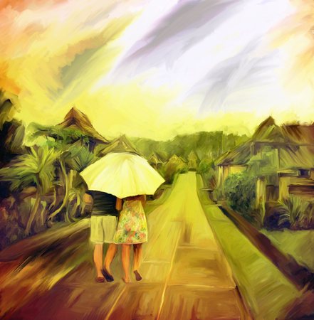love couple walk in rainy day, watercolor art digital paintingの写真素材