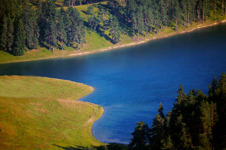 flatlay view of autmn lake in bulgarian mountainsの写真素材