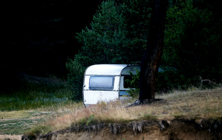 RV camper near pine forest in bulgariaの写真素材