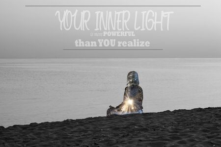 inspirational unknown quote background with silhouette of woman on the beach, double abstract exposure-powerfull inner light conceptual background の写真素材