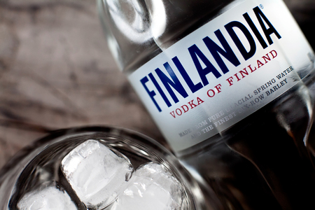 DORKOVO, BULGARIA - MARCH 05, 2017: Close-up of  Finlandia vodka and glass with ice.Finlandia is a brand of Finnish vodka owned by the Brown-Forman Corporation.のeditorial素材