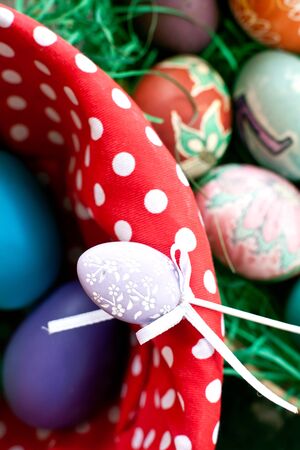 vertical colorfull easter background with decors, eggs and ribonsの写真素材