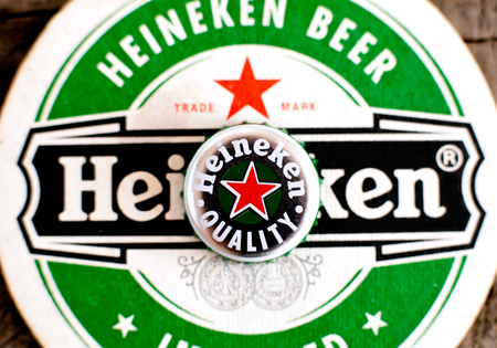 DORKOVO, BULGARIA - MARCH 13, 2017: Macro shot of Heineken cap.Heineken Lager Beer is the flagship...