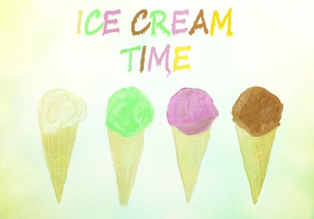 ice cream time vintage summer background with text added, icecream watercolor backgroundの写真素材
