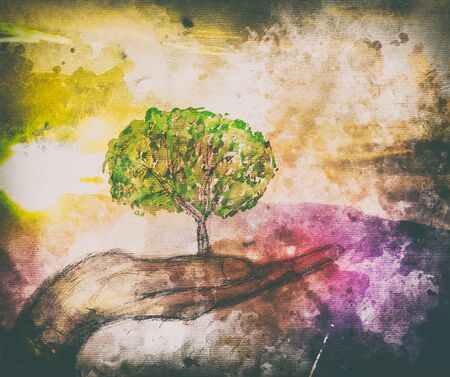 Hands and tree abstract colorfull watercolor artの写真素材