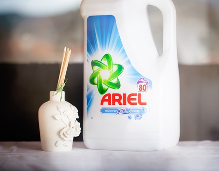 DORKOVO, BULGARIA - NOVEMBE:R 13, 2017: Ariel is a laundry detergent product the flagship brand of Procter & Gamble corporation headquartered in Cincinnati, Ohio, USA.のeditorial素材