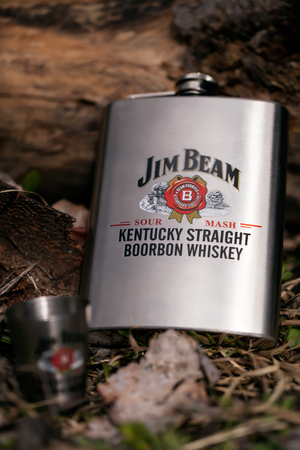 SOFIA, BULGARIA - NOVEMBE:R 02, 2017: Metal Jim Beam botlle full with bourbon.Jim Beam is one of best selling brands of bourbon in the world, produced by Beam Inc. in Clermont, Kentucky.のeditorial素材