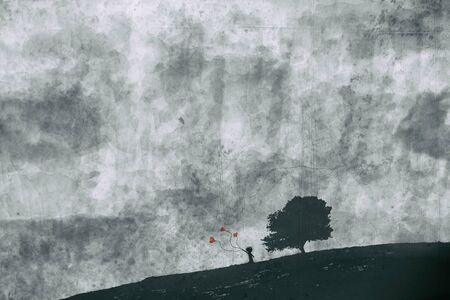 silhouette of child and balons in heart shape under the alone tree, fairy abstract painting, mixed media, child labor conceptの写真素材