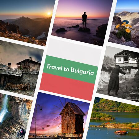Collage of travel and nature photos from Bulgaria - landmarks, villages, mountainsの写真素材