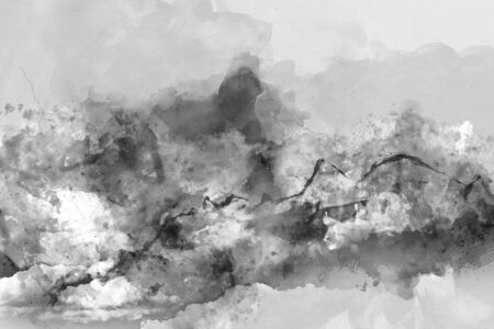 Watercolor background with mountains in fog, mixed media art backgroundの写真素材