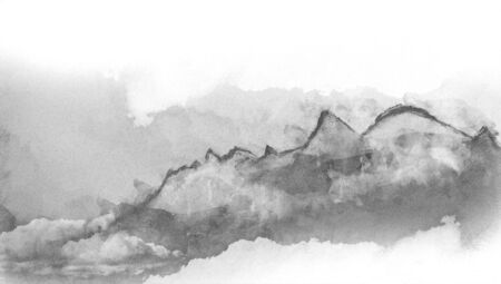 Watercolor background with mountains in fog, digital paintings, monochrome abstractの写真素材