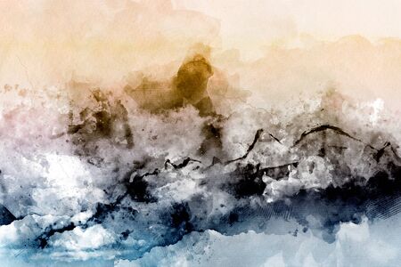 Watercolor background with mountains in fog, mixed media art backgroundの写真素材