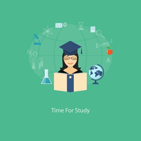 Flat design modern vector illustration concept of education, tutorials, learning with girl, globe  and book - eps10のイラスト素材