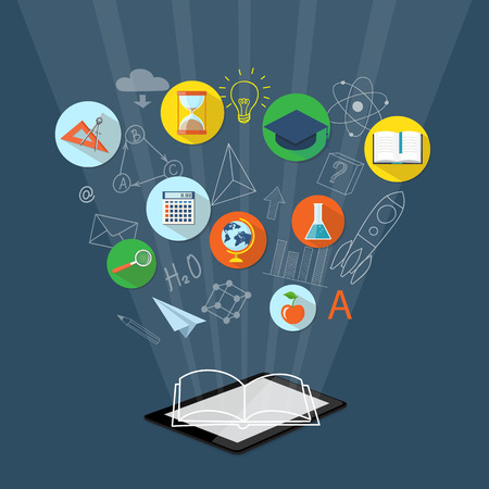 Flat design modern vector illustration concept for  higher school, university, online education, e-learning, e-book, business  studying, training, webinar with tablet,  clock,  calculator, academic cap, book, globe, apple and  loupe - eps 10のイラスト素材