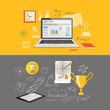 Flat design modern vector illustration  set of concept for higher school, university, online education, e-learning, business  studying, training, webinar with tablet, laptop, winner cup, clock and target  - eps 10のイラスト素材