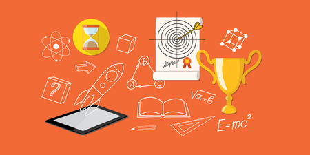 Flat design modern vector illustration  concept of  higher school, university, online education, e-learning, business  studying, training, webinar with tablet, winner cup, clock and target  - eps 10のイラスト素材