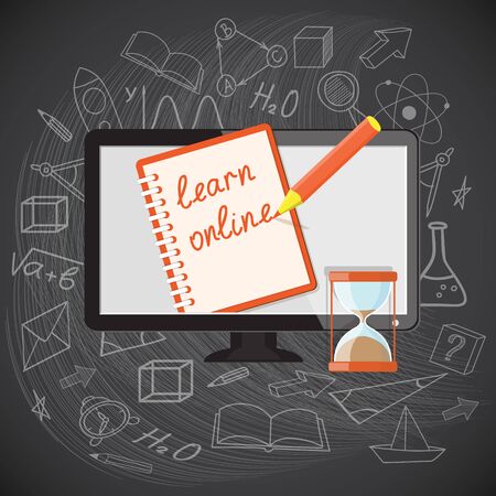 Flat design modern vector illustration  set of concept for higher school, university, online education, e-learning, business  studying, training, webinar with computer, copybook and pencil - eps 10のイラスト素材