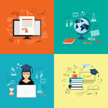 Flat design modern vector illustration set of concept of school, university, online  training, education, study with books, girl, globe, computer - eps 10のイラスト素材
