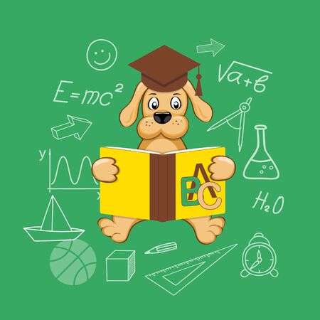 Flat design vector illustration  concept of  school, university, online education, study, training with cartoon dog, book and academic cap - eps 10のイラスト素材