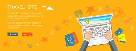 Flat design modern vector illustration concept of travel site with computerのイラスト素材