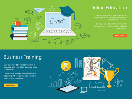 Flat design modern vector illustration  concept of  school, university, online education,  study, training, webinar with academic cap, books, laptop, winner cup and tablet - eps 10のイラスト素材