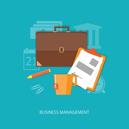 Flat design modern vector illustration concept of business, marketing, management with briefcase, cup of tea and paper - eps10のイラスト素材
