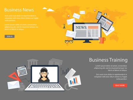 Flat design modern vector illustration concept of  business news, training, education, analytics, management with computer, tablet and mobile phone and with girl, laptop and mobile phone  - eps 10のイラスト素材