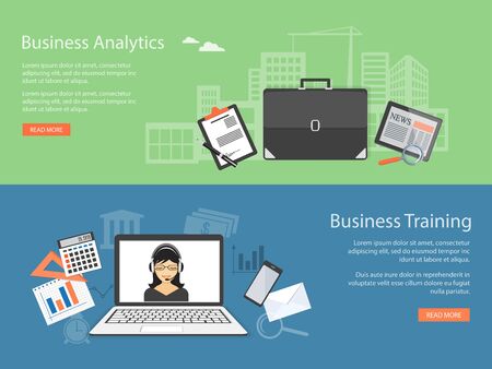 Flat design modern vector illustration concepts of  business training, analytics, management with laptop, girl and with  briefcase, tablet, loupe and pen - eps 10のイラスト素材