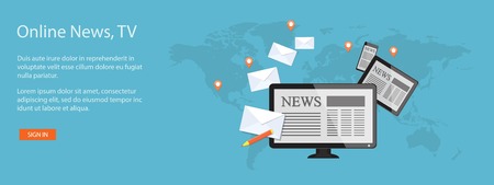 Flat design modern vector illustration concept of news,tv, radio with laptop, envelopes, tablet and mobile phone - eps10のイラスト素材