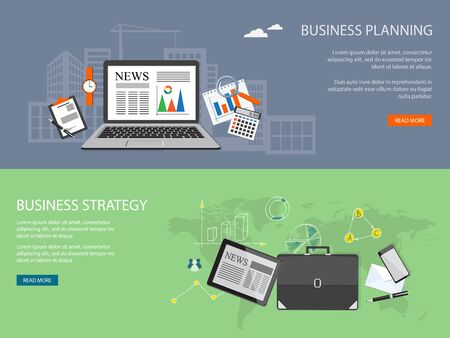 Flat design modern vector illustration concept of  business strategy, planning, analytics, management  with laptop, calculator, clock and loupe and with tablet, briefcase and mobile phone - eps 10のイラスト素材