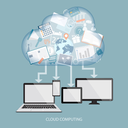 Cloud computing concept with computer, laptop, tablet and mobile phone. Vector illustration. EPS 10.のイラスト素材