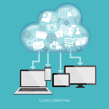 Cloud computing concept with computer, laptop, tablet and mobile phone. Vector illustration. EPS 10.のイラスト素材