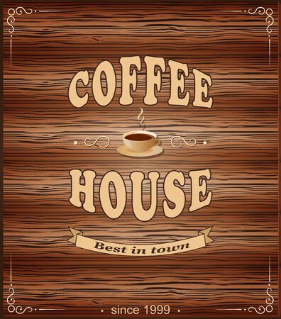 vector illustration banner for coffee house on the wood background- eps10のイラスト素材