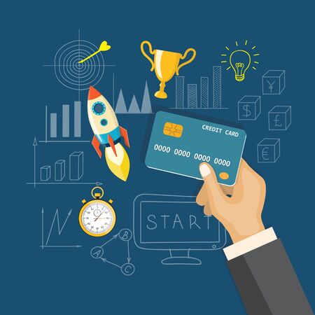 Flat  vector illustration. Hand with credit card, stopwatch, rocket, winner cup and hand drawn business symbols on the dark blue background. のイラスト素材