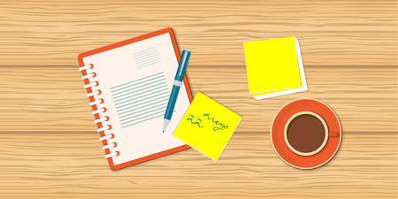 Flat vector illustration business content with cup of coffee, copybook, paper and pen  のイラスト素材