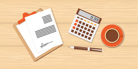 Flat design modern vector illustration  business concept  with calculator and cup of coffee のイラスト素材