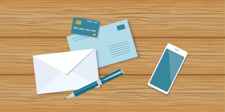 Flat vector illustration business content with mobile phone, credit card, envelopes and pen  のイラスト素材