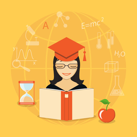 Flat  vector image of girl and book with hand drawn symbols and icons on the yellow background.  のイラスト素材