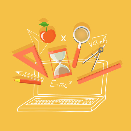 Flat design vector  icons of school and hand drawn signs on yellow background.  のイラスト素材