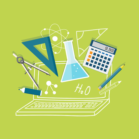 Flat design vector  icons of school and hand drawn signs on green background のイラスト素材