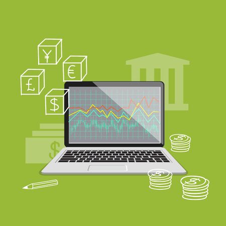Flat design modern vector illustration concept of exchange market, business investment, internet banking with laptop.  のイラスト素材