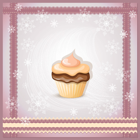 vector illustration christmas banner with cupcake on the violet background with snowflakes  のイラスト素材